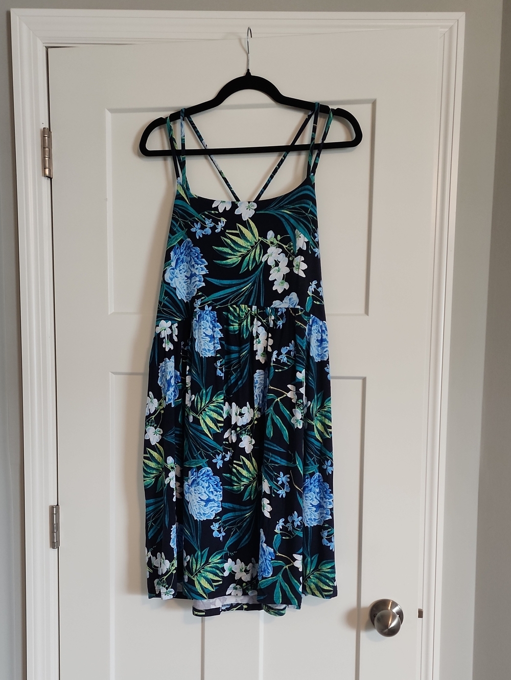 Old Navy Black Dress with Blue and Green Floral Print With Pockets